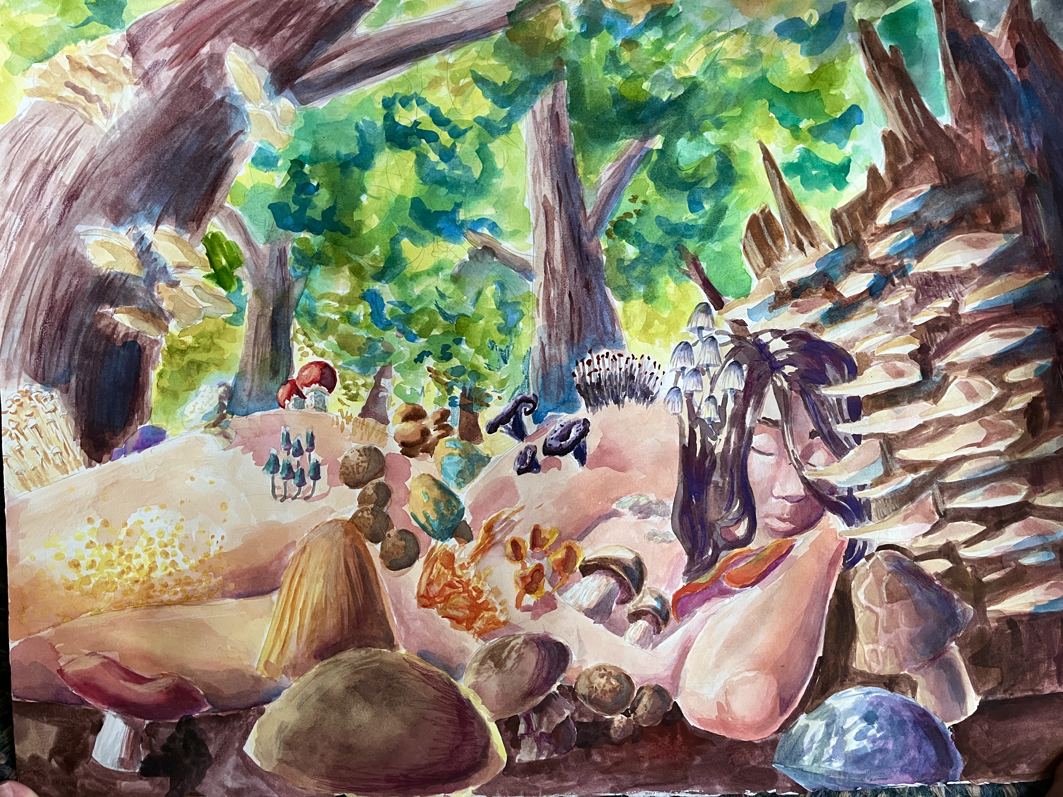 Watercolor painting of a woman with mushrooms
