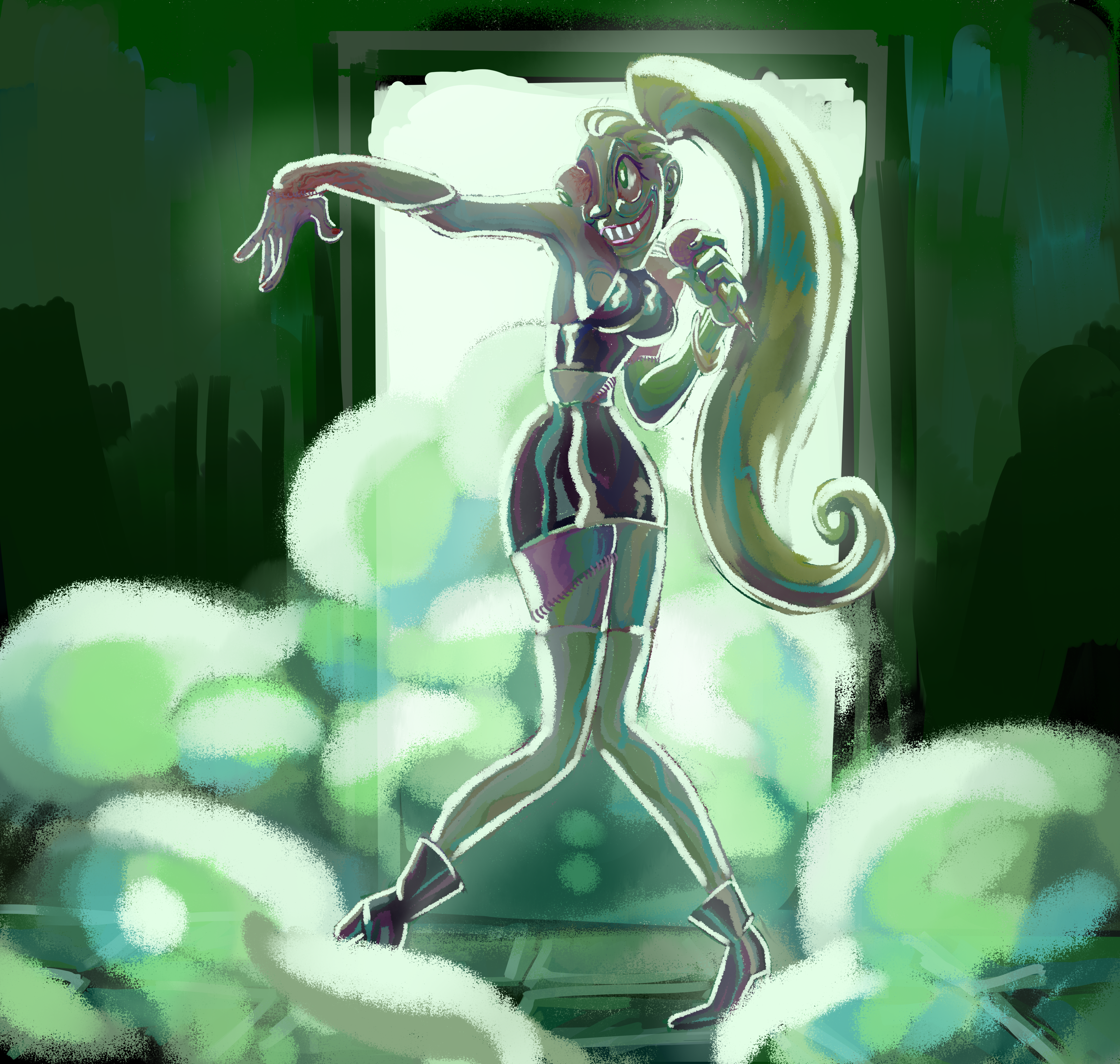 My character, Reese's first drawing. A frankenstein monster pop girlie.